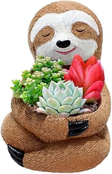 Succulent Planter Pot, Cute Sloth Design with Drainage Hole, Small Resin Flower Pot for Indoor Outdoor Decor