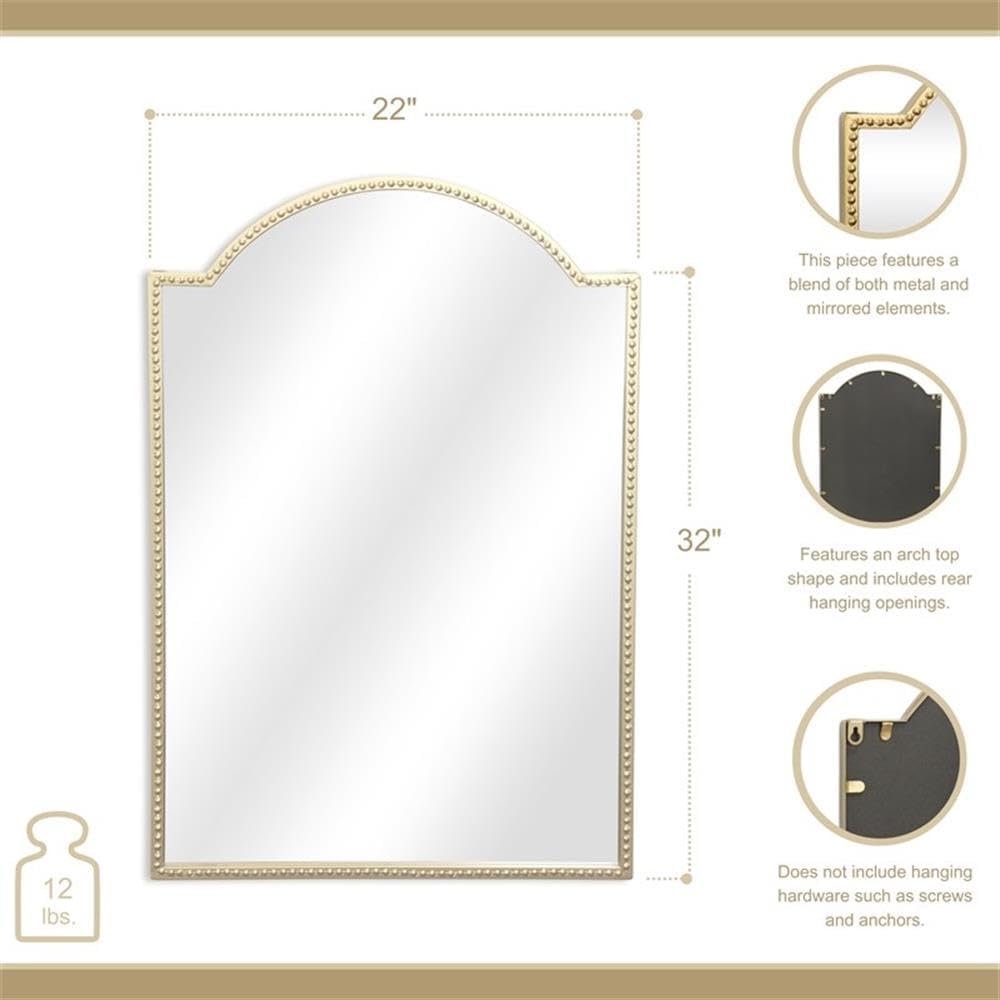 Pemberly Row Arch Top Gold Metal Framed Wall Mirror, 22 in, Studded Details, Handcrafted Design, Wall Mounted Accent Mirror for Bedroom Decor