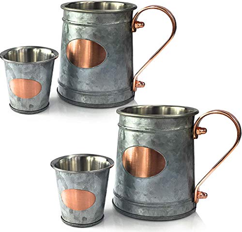 Galrose Galvanized Iron Beer Stein - Rose Gold Plaque 16 Oz Stainless Steel Double Wall Beer Mug. 2 Rustic Moscow Mule Mugs With 2 Shot Glasses For Parties. Unique Gifts For Him 6Th Iron Anniversary #TOP6