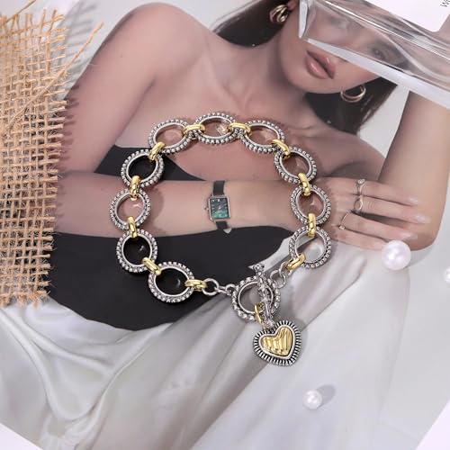 Two-Tone Chain Link Bracelet with Heart Charm - Mixed Metal Silver Gold Vintage Style Toggle Clasp Fashion Bracelet Bangle for Women4