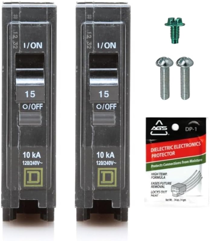 Genuine Square D QO115 QO 15 Amp Circuit Breaker Kit (2 Pack), Single Pole, 15A, 120V, 10kAIC, Plug-in for QO Load Centers & Panel Box, Visi-Trip, New Replacement
