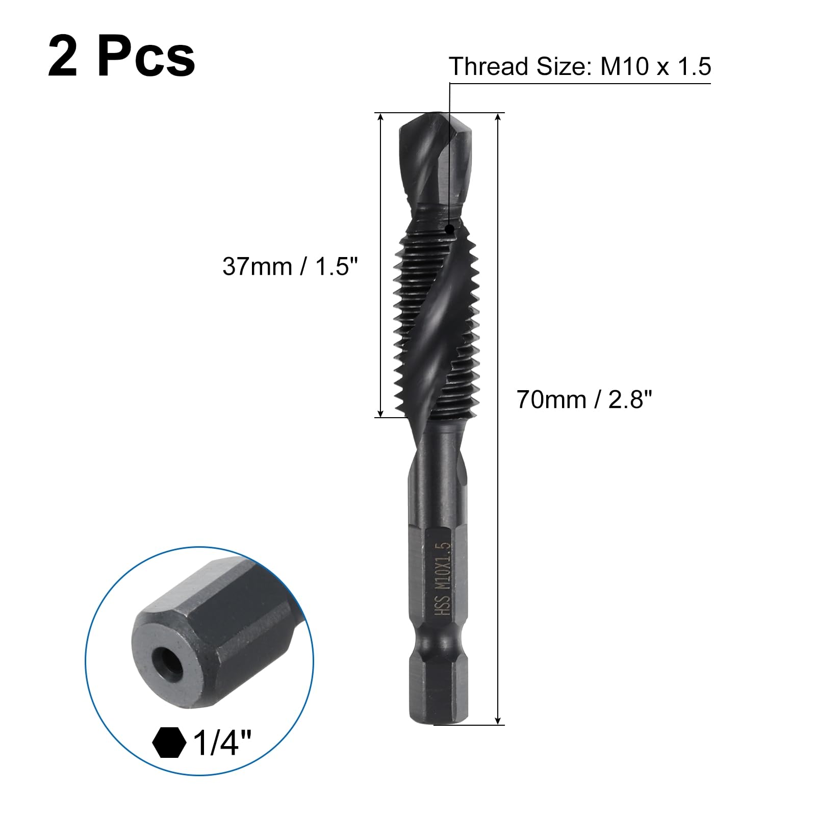 QUARKZMAN 2pz Trapano Maschio Combinati M10 x 1.5 Filettatura 1/4" Esagonale Rivestiti Nitruro Acciaio Alta Velocità 4341 Kit Foratura