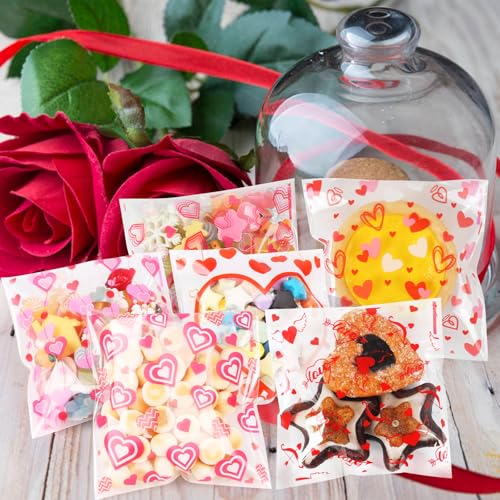 SULOLI Kekstüten Valentinstag,120 Stück Herz Cellophantüten Valentinstag,Rot Selbstklebend Plätzchentüten für Gebäck Keks Cookies
