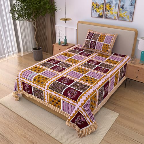 Image of 100% Cotton Single Bedsheet with 1 Pillow Cover | 240 TC Pure Cotton Flat Bed Sheet | Traditional Jaipuri Printed Bedding Set | Soft & Breathable | 60 x 90 Inch (Rangmahal Single 62)