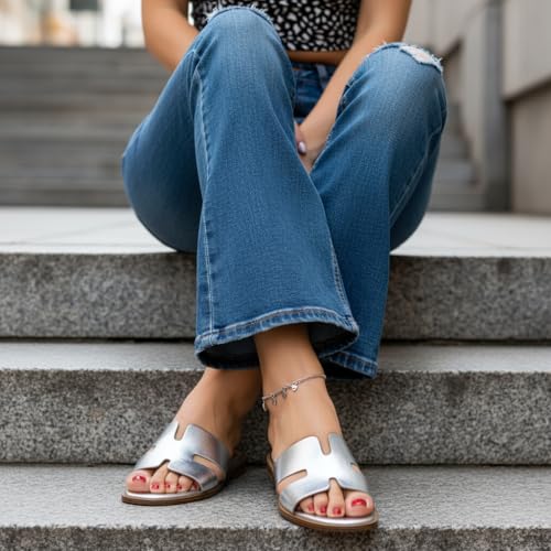 Image of CUSHIONAIRE Voyage Cutout Strap Slides for Women, Slip On Summer Flats, Trendy Footwear, Memory Foam Vegan Leather Comfortable Vacation Style Sandals