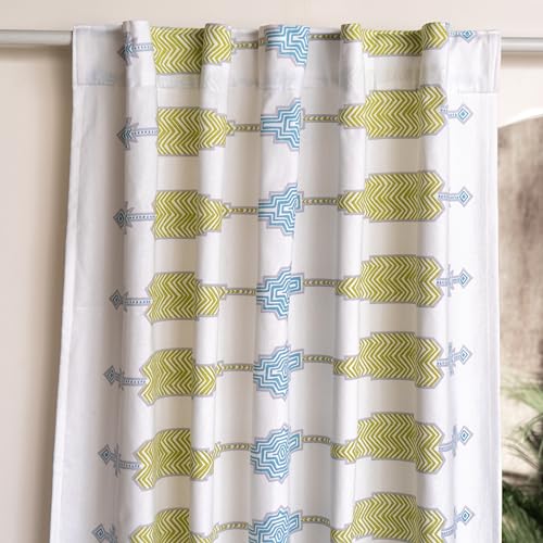 Image of Tranquebar Curtain Co. Window Curtains 5 Feet, 60-65% Room Darkening,Blue-Green Geometric Print, Cotton Curtains for Window, Cotton Curtains 5 Feet Long Set of 2,BackTab Loops,Tavi (152 cm) - Set of 2