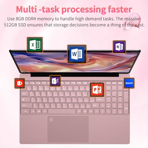 Image of 15.6''Pink Laptop Computer,1080P FHD Display,8GB RAM,512GB SSD,N5095 CPU Business Laptop,Numeric Keypad,Backlit Keyboard,Fingerprint Unlock,SD Card Reader,Webcam, 5GWiFi, HDMI,Pink