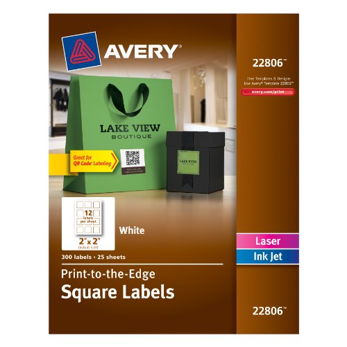 Avery Permanent Square Label, White, Inkjet/Laser, 2" x 2", Pack of 300 (22806)