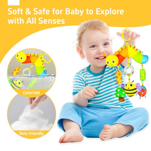 Image of SNOWIE SOFT Baby Toys for 6 to 12 Months Cartoon Bee Caterpillar Snail Stuffed Stroller Toy with Squeaky Device, Colorful Sensory Toys Hanging Soothing Toy for Stroller, Crib New Norn Baby Gifts
