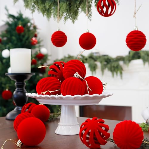 Image of 20Pcs Red Velvet Christmas Ornaments Set,2.36In Flocked Ornaments Balls | Velvet Ornaments For Christmas Tree Decor;Holiday Christmas Decor;Christmas Decoration;Shatterproof Plastic Christmas Balls
