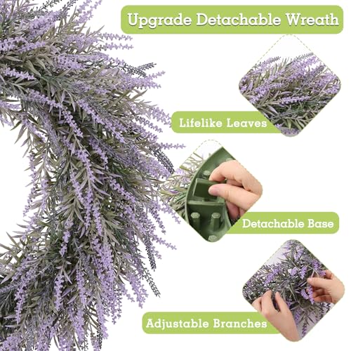 U'Artlines 24 Inch Large Lavender Wreaths for Front Door, Detachable Artificial Greenery Wreath with Plastic Base, Spring Summer Farmhouse Wreath for All Seasons Wall Outdoor Indoor Wedding Decor — view 4