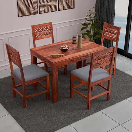 Image of 45 Inch Length Solid Sheesham Wood 4 Seater Dining Table Set | Four Seater Dinner Table with 4 Cushions Chairs | Dinning Table Set 4 Seater for Living Room | Table & Chair Set | Honey Finish
