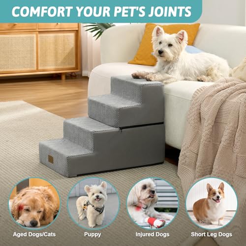 Image of COZY KISS Dog Stairs for Small Dogs, 4 Step Pet Stairs for Beds & Couches | 17.7 inch H Extra Wide Non-Slip Dog Steps with Removable Tiers & Support Board for Puppies, Older Cats & Dogs, Grey