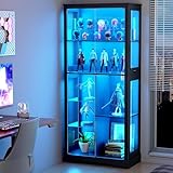 Lvifur 71” Display Cabinet with Glass Doors, Modern Curio Cabinet with 3 Color Lights, 7-Tiers Glass Display Cases for Collectibles, Tall Lego Storage Cabinet with Human Body Sensor (Black)