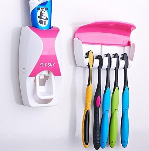 JVJ Wall Mount Auto Toothpaste Dispenser Toothbrush Holder--pink