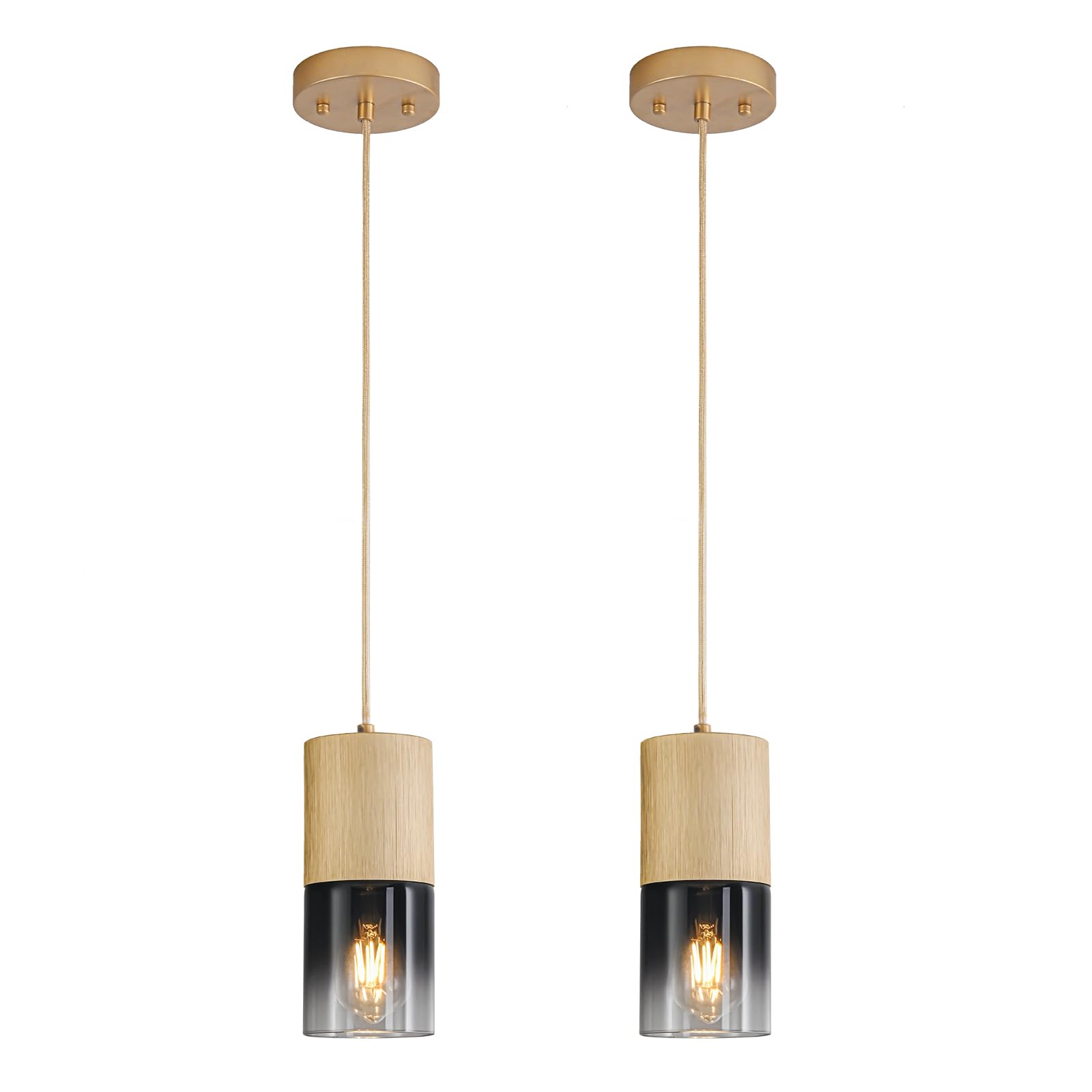 2-Pack Gold Pendant Light Fixtures, Adjustable Modern Black Pendant Lights for Kitchen Island, Industrial Glass Pendant Lights for Dining Table Hallway Bedroom Living Room