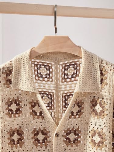 Men's Crochet Knit Short Sleeve Sweaters Hollow Out Vintage Button Down Casual Summer Tops4