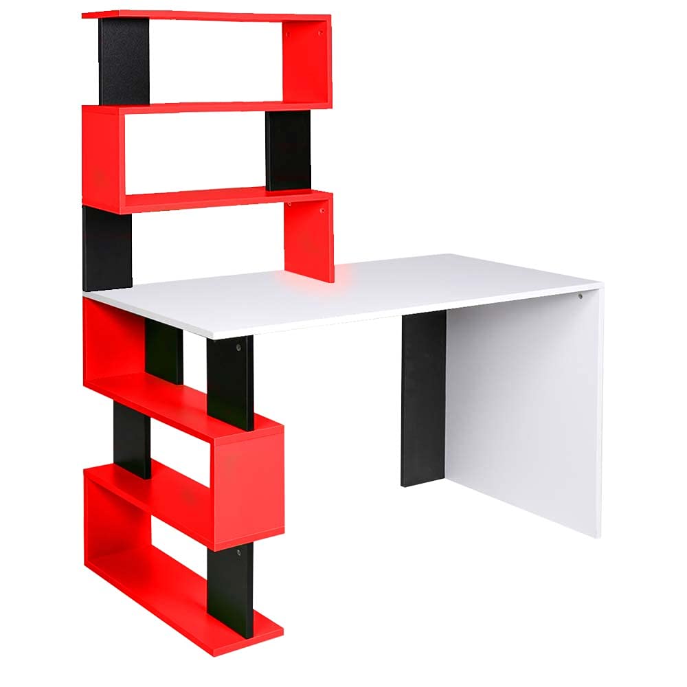 BAKAJI Scrivania con Doppia Libreria 7 Ripiani Tavolo da Lavoro Porta Pc Computer Struttura e Piano in Legno MDF Arredamento Casa Ufficio Cameretta Design Moderno 120 x 60 x 148 cm (Red)