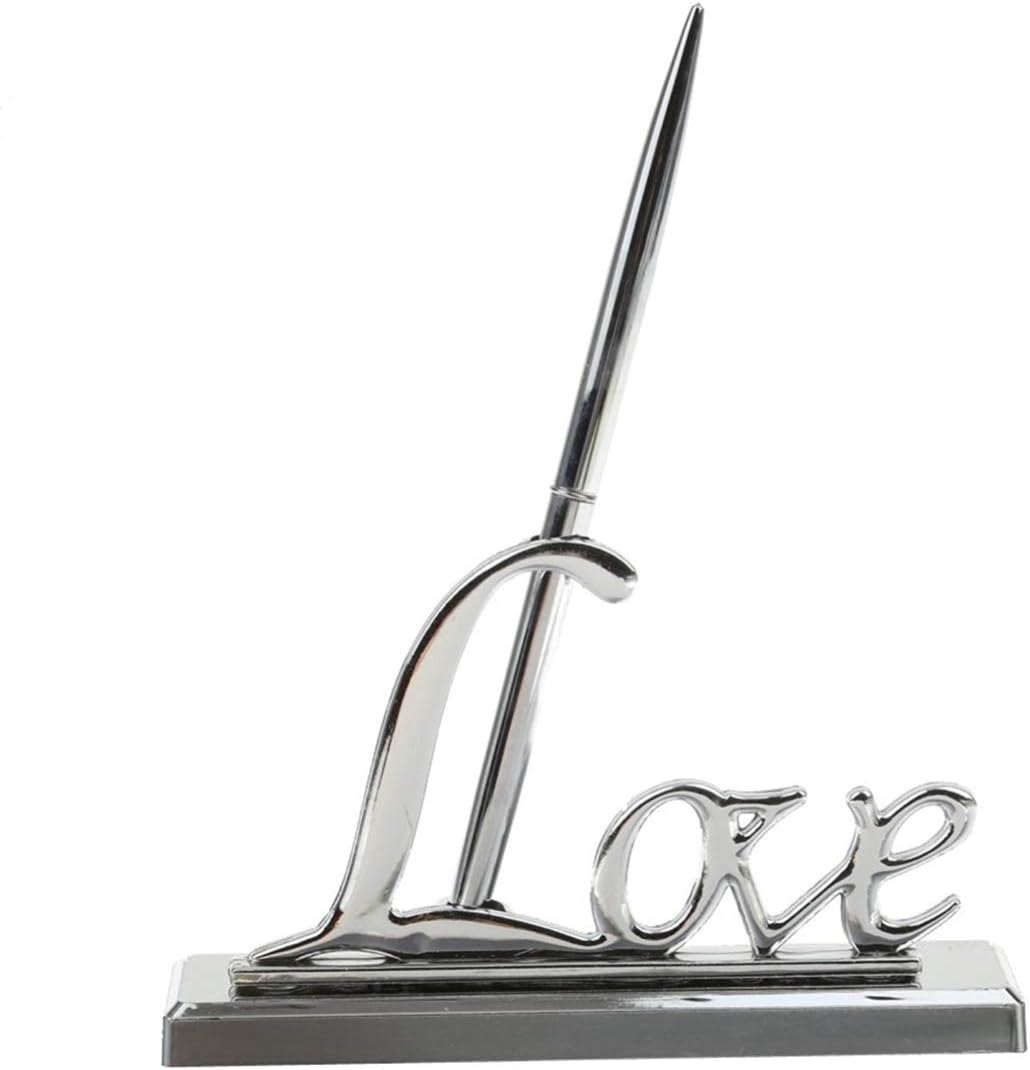 FRCOLOR Signing Pen Set for Wedding Metal Love Pen Attached to Desk Guest Pen and Stand Guest Sign in Pen and Pen Stand Set (Silver)