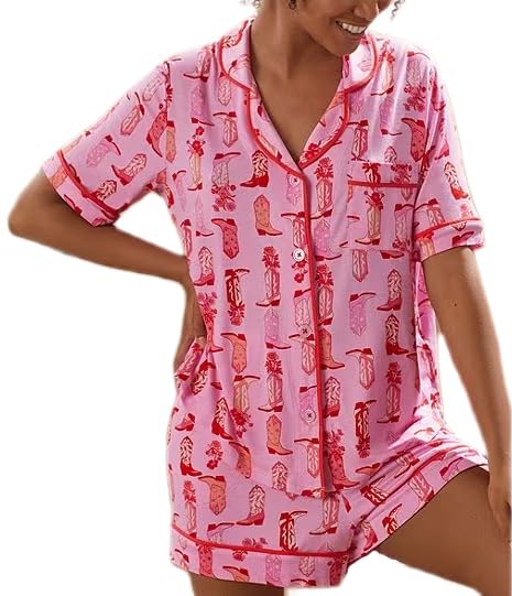 YiulangdeCowboys Boot Pajamas for Women Y2k 2 Piece Heart Bow Preppy Pjs Coquette Short Sleeve Shirts Matching Pj Shorts Set