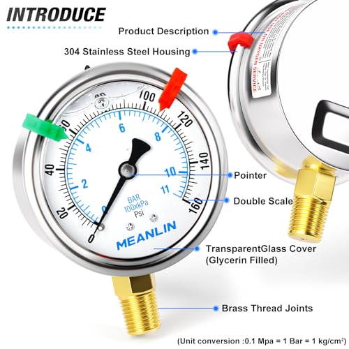 Image of MEANLIN MEASURE 0~160Psi Liquid Filled Pressure Gauge 1 /4 inch NPT 2.5 inch FACE DIAL Stainless Steel Glycerin Filled WOG Water Oil Air Lower Mount (with 2PCS Snaps)