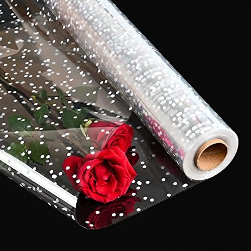 POPGIFTU Papier Transparent Emballage (86 cm x 45 m)– 3 mil épais Rouleau de Emballage Cellophane à pois blancs, Grand Papier Cadeau Transparent pour Fleuristes,...