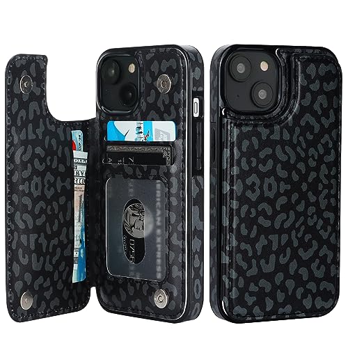 Image of HAOPINSH for iPhone 13 /14 Wallet Case with Card Holder, Black Leopard Cheetah Pattern Back Flip Case PU Leather Kickstand Card Slots Case for Women Girls, Double Magnetic Clasp Cover 6.1 inch