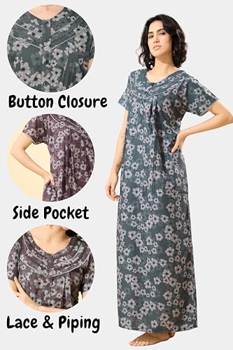 Image of GLAMORAS Bizzy Lizzy Cotton Nighty Gown with Side Pocket for Women | Regular, Digital Printed & Full Length Maxi Night Gown | Night Wear Maxi Gown for Women | Size: M-2XL