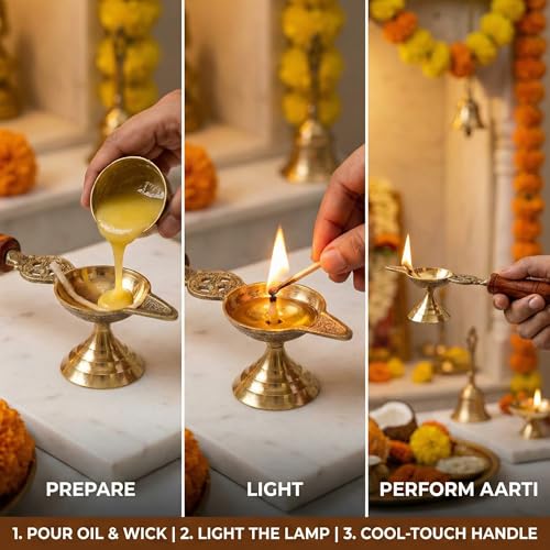Image of 100% Pure Brass Spoon Aarti Diya with Wooden Handle | Medium Size Pooja Diya | Traditional Oil Lamp for Temple, Prayer & Festivals | Housewarming & Indian Ceremonial Gifting