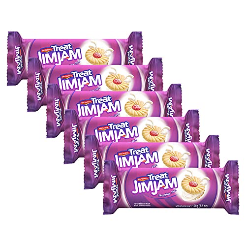 BRITANNIA Treat Naughty Jim Jam Biscuits Sandwich 3.52oz (100g) - Biscuits sandwich aromatisÃ©s - Magic of Naughty Jim Jam cream Cookies - Healthy Snacks Halal, Perfect for Breakfast Suitable for Vegetarian (Pack of 6)