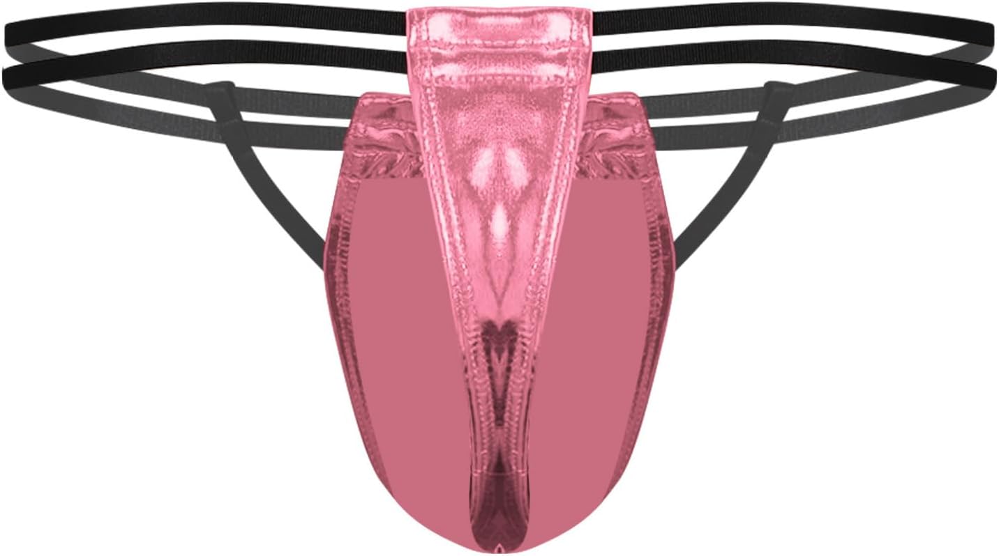 Mufeng Mens Sexy Shiny Metallic Underwear Strappy Double Waistband Bulge Pouch Thongs Underpants