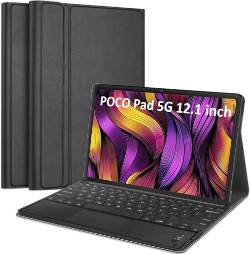 Image of HOM Tri Fold Wireless Bluetooth Keyboard with Trackpad /Touchpad Tablet Cover Case for Poco Pad 5G Tablet 12.1 inch
