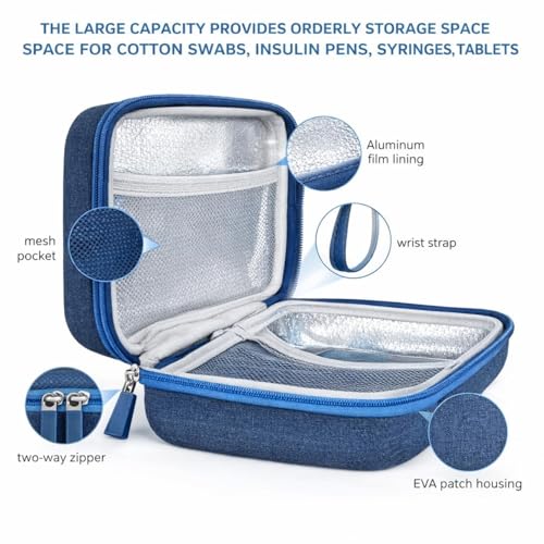 Image of Insulin Cooler Travel Case with 2 Ice Packs TSA Approved Hard Shell Diabetic Medication Bag for Insulin Pens Syringes and Tablets Compatible with Ozempic Mounjaro (Blue Small)