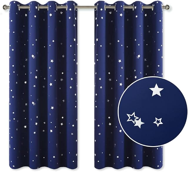 PONY DANCE Blue Curtains for Bedroom - Blue Curtains 54 Drop Short Eyelet Stars Curtains with Solid Colour & Foil Printed Stars for Preteen Boys, 52 x 54 - inch, Navy Blue, 2 PCs