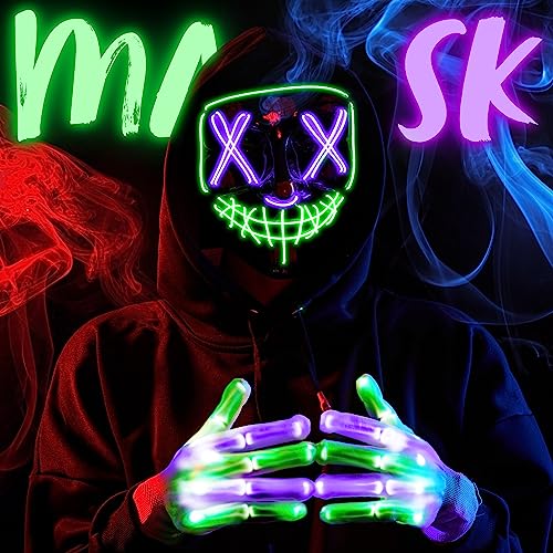 Image of JOYIN Halloween Led Mask, Light Up Mask and Gloves for Cosplay Costume (Green & Purple), 3 Modes Scary Glow in The Dark Masks for Boys Girls Halloween Party Dress Up Accessories, Gifts Giving