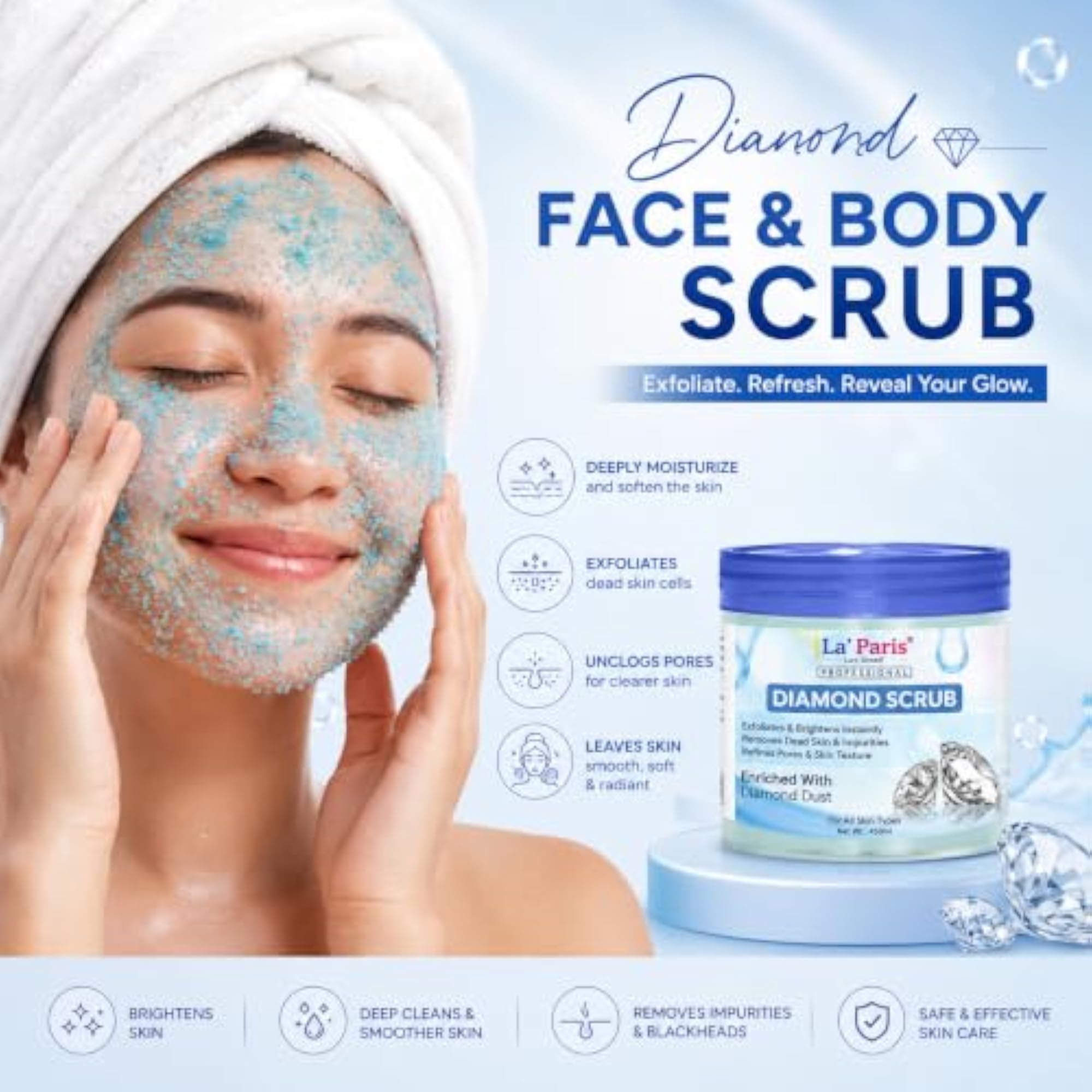 Diamond Face & Body Scrub for Spot Removal, Anti-Ageing & Brightening, 450ml