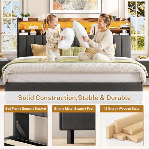 Image of TEENFON King Size Bed Frame with Headboard and 4 Drawers Storage, Bed Frame King Built in LED Lights and Charging Station, Sturdy & Noise-Free Upholstered Platform Metal Bed, Dark Grey