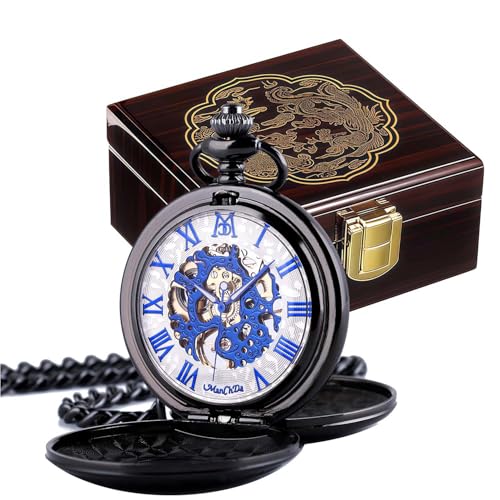 Image of ManChDa Mechanical Roman Numerals Dial Skeleton Pocket Watches with Luxury Wooden Box and Chains for Mens Women