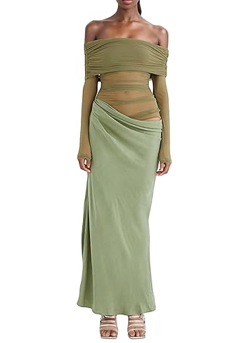 Kwunbwa Women's Sexy Off The Shoulder Mesh Maxi Dress Long Sleeve See Through Ruched Party Club Bodycon Long Dresses - Green - Large