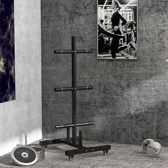 Soozier 2 Inch Weight Plate Rack, Plate Rack Holder for Olympic Weight Plates and Bars, with 4 Transport Wheels and 6 Fasten Clamps, 440 lbs. Capacity