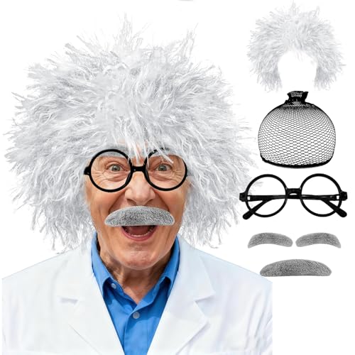 6PCS Old Man Mad Scientist Wig Costume Set Crazy Physicist Wigs Costume with Hair Net Eyebrows Mustache Glasses Frame for Kids Boys 100th Day of School Grandpa Cosplay Props Dress up Supplies