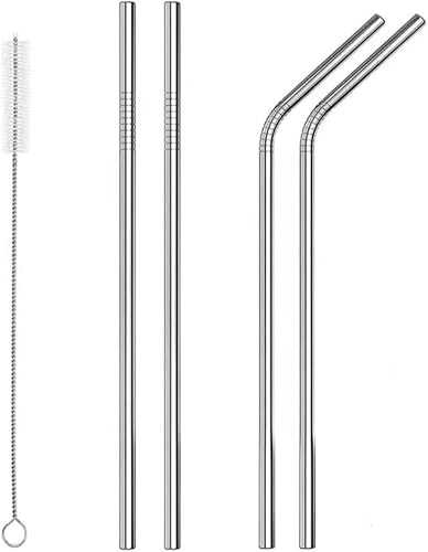 MEGASO Stainless Steel Reusable Drinking Straws Set, Extra Long Metal Straws with Cleaning Brush, Straight and Curved Design, 20cm Length