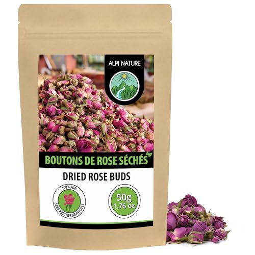 Alpi Nature Boutons de Roses Séchées 50g, Bourgeons de Rose Entiers Séchés pour Thé Floral et Infusion, Thé à la Rose