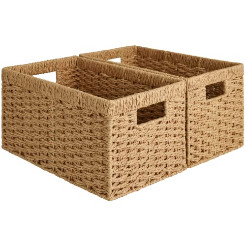 StorageWorks Round Paper Rope Storage Baskets, Rectangular Wicker Baskets with Built-in Handles, Medium, 13 ¼ x 8 ½ x 7 ¼ inches, 2-Pack