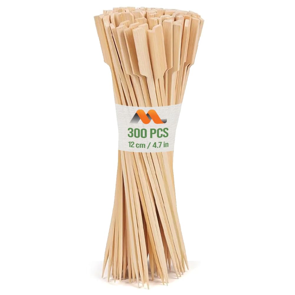 300 Pcs Bamboo Skewers, Wide Flat Paddle Wood Skewer - For Parties, Appetizers, Marshmallows, Fruits, Grilling Barbecue (BBQ) - by Mobi Lock