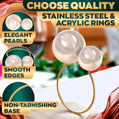 Image of Gold Pearl Napkin Rings Set of 12 - Easter Napkin Rings | Easter Table Decor with Faux Pearls | Reusable, Metal & Scratch-Resistant Finish - for Weddings, Banquets, Holiday Easter Dinner & Gift Giving