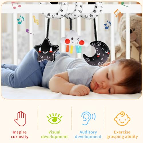 Image of SNOWIE SOFT Star and Moon Stroller Soft Plush Toys for 6 Month Old Baby Spiral Black and White Cartoon Sensory Toy Interactive Cartoon Stuffed Plush Baby Toys for 6 to 12 Months Crib Ornament