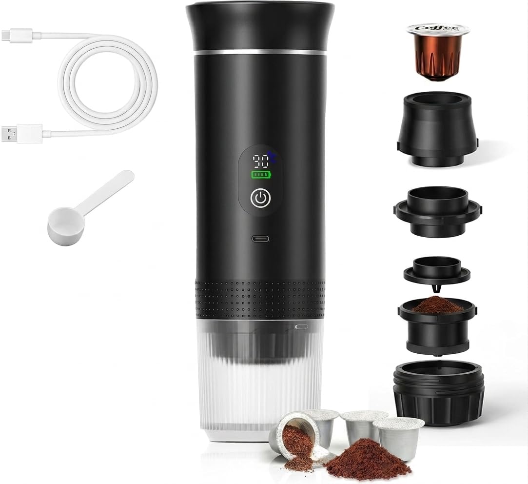 Macchina Caffè Portatile Espresso 3-in-1 - Riscaldamento Acqua Automatico 5 Min, Batteria 7500mAh, 20 Bar Pressione - Compatibile con Capsule Grandi, Piccole e Caffè Macinato - Per Auto, Viaggio, Uffi