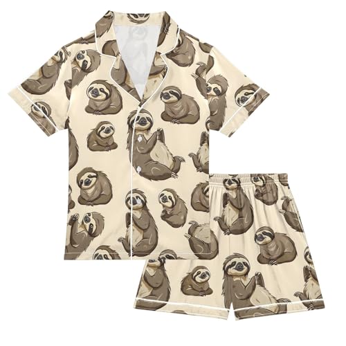 ALAZA Sloth Cartoon Stylish Pajamas Satin Pajama Set Short Sleeve Button Down Sleepwear