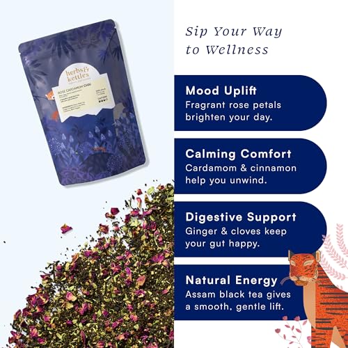 Image of Herbs & Kettles Refill - Rose Cardamom Chai - 7 oz (200 g) | Single-Origin Assam Black Tea with Rose Petals & Green Cardamom | Spiced Floral Chai | Hot or Iced Tea
